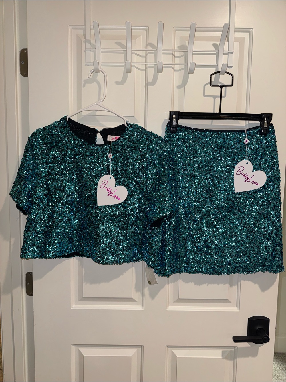 NWT Buddy Love Teal Sequin Crop Top & Mini Skirt Set size Small